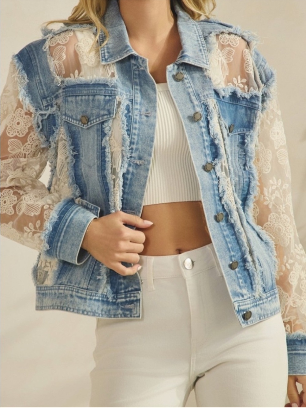 NWT Western Floral Lace Semi Sheer Button Down Frayed
Jacket - Picture 4 of 13